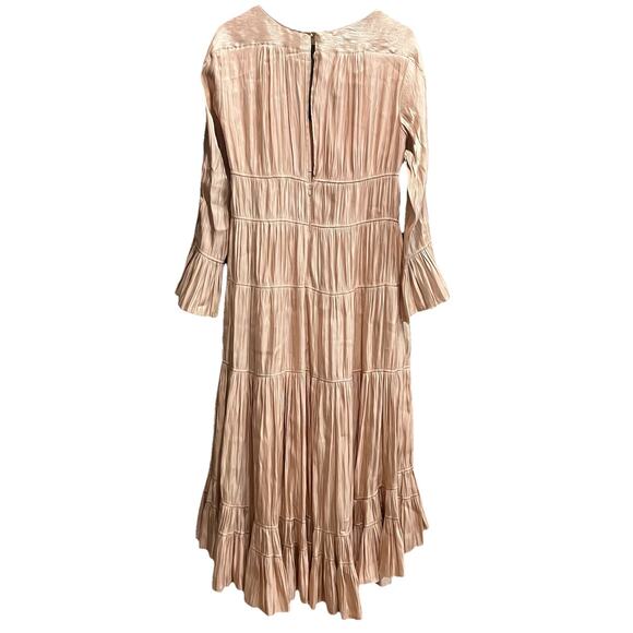 Cinq a Sept Beige Nina Satin Long Bell Sleeve Pleated Women's Dress Size 8 - Picture 2 of 5